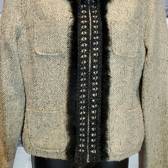 Anne Carson Cream Black Lace Faux Fur Trim Blazer Jacket, Sz M - Picture 5 of 7
